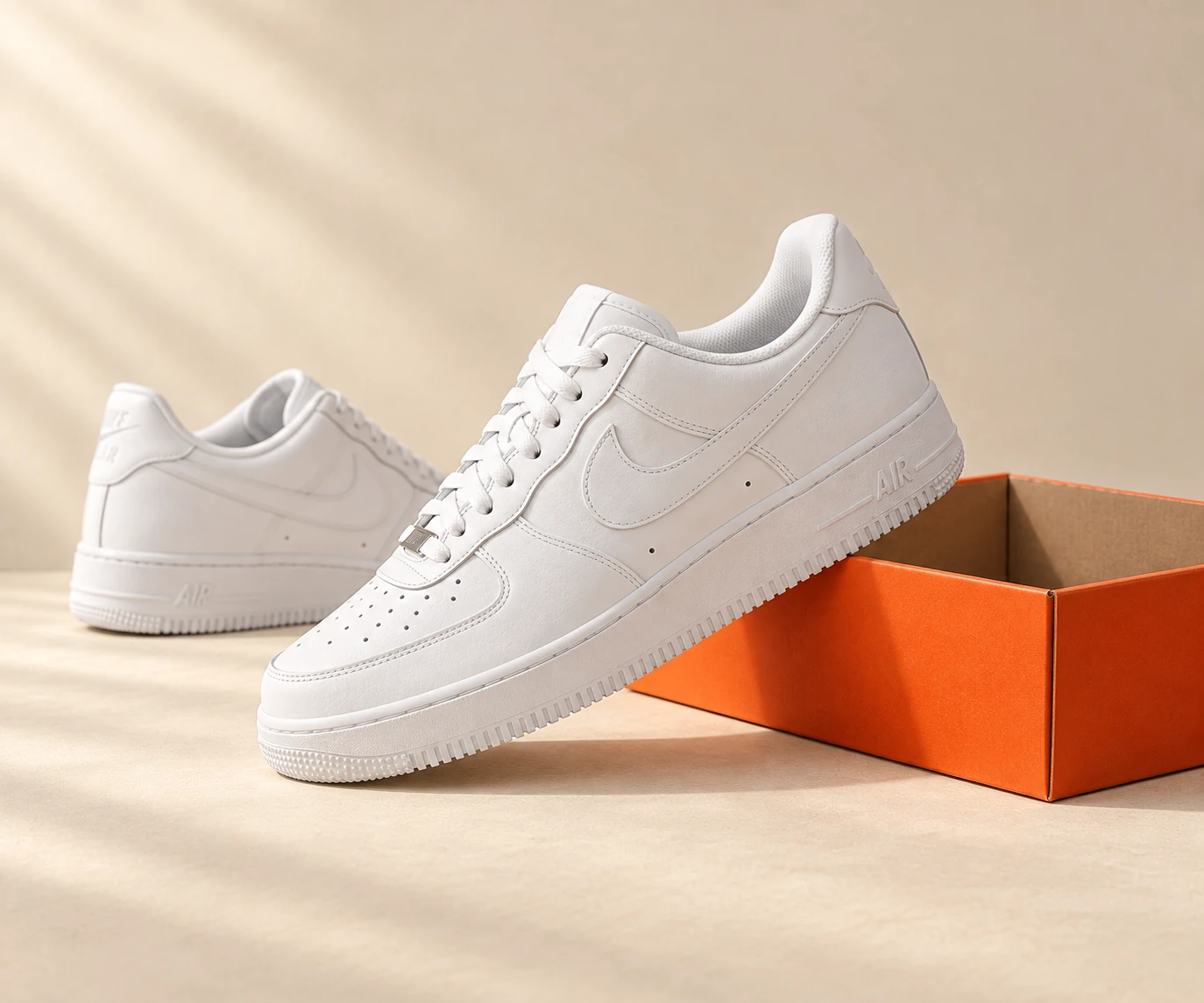AI-illusztráció: fehér Nike sneaker narancsszínű, fedél nélküli cipősdoboznál